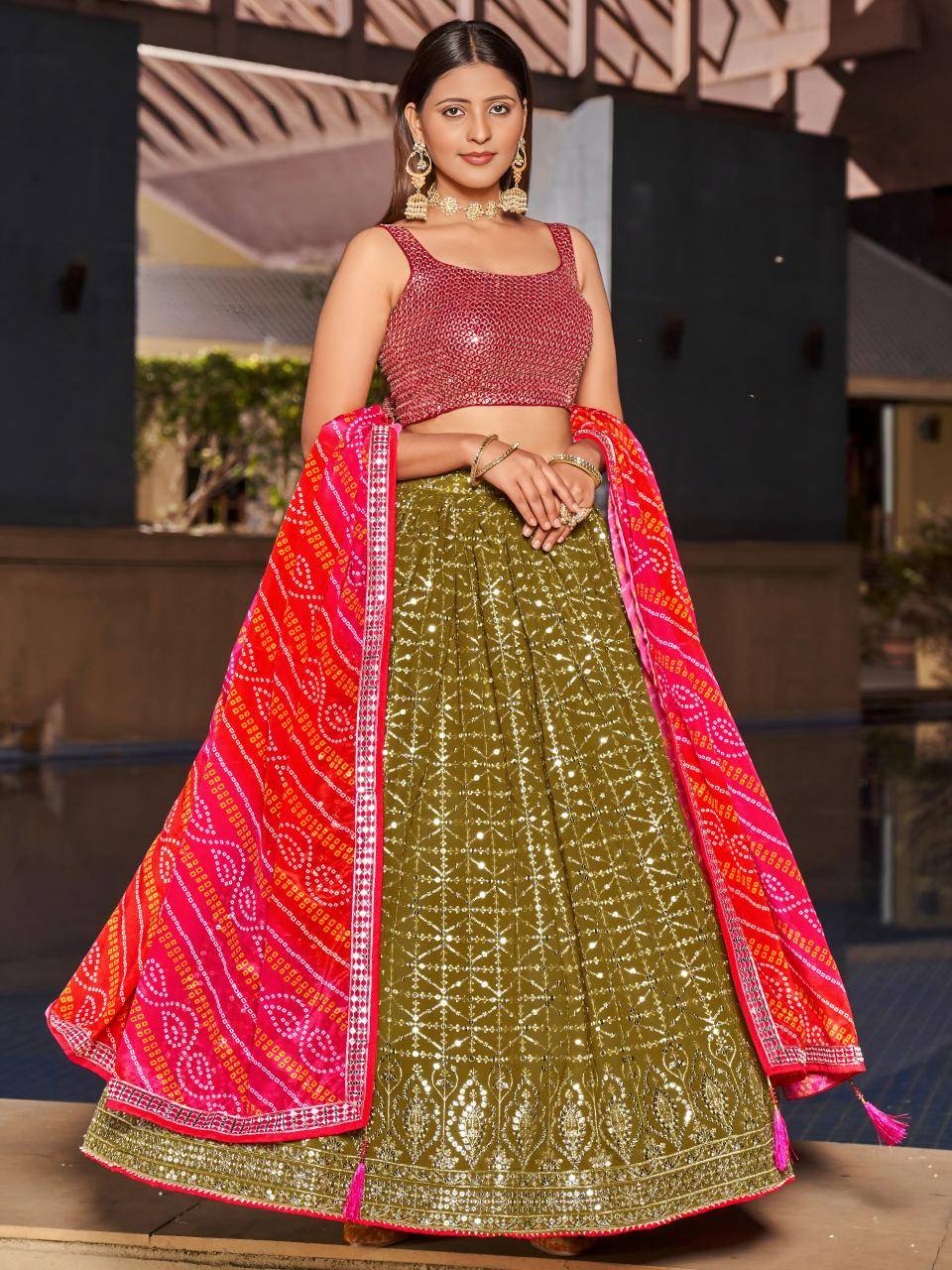 Olive Embroidered Georgette Green Bollywood style lehenga choli wholesale
